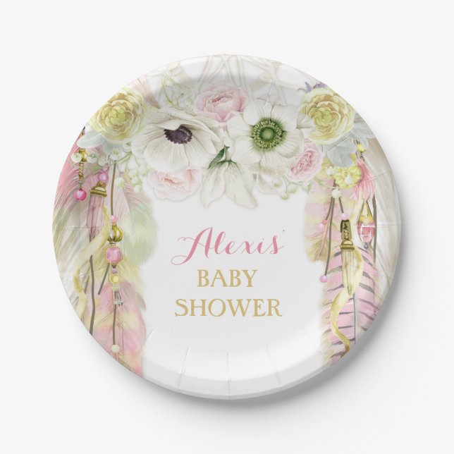 Boho Dream Catcher Feather Tribal Pink Yellow Paper Plates (Front)