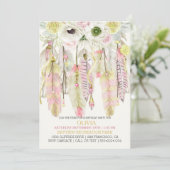 Boho Dream Catcher Feathers Crystals Pink Yellow Invitation (Standing Front)