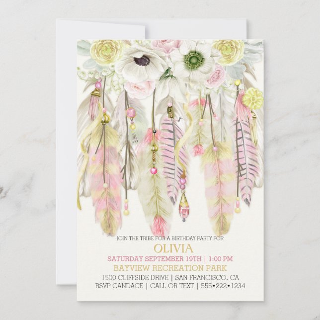 Boho Dream Catcher Feathers Crystals Pink Yellow Invitation (Front)