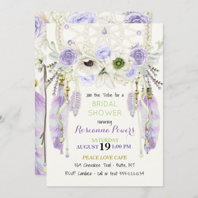 Boho Dream Catcher Feathers Lavender Green Invitation (Front/Back)