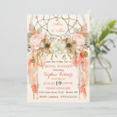 Boho Dream Catcher Feathers Peach Coral Invitation (Standing Front)