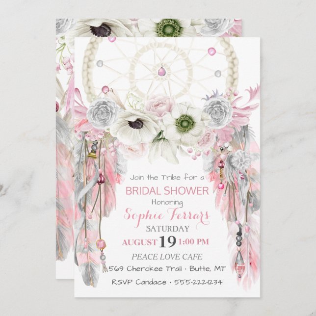 Boho Dream Catcher Feathers Pink Gray Ivory Invitation (Front/Back)
