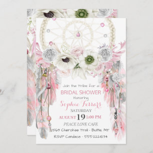 Boho Dream Catcher Feathers Pink Gray Ivory Invitation