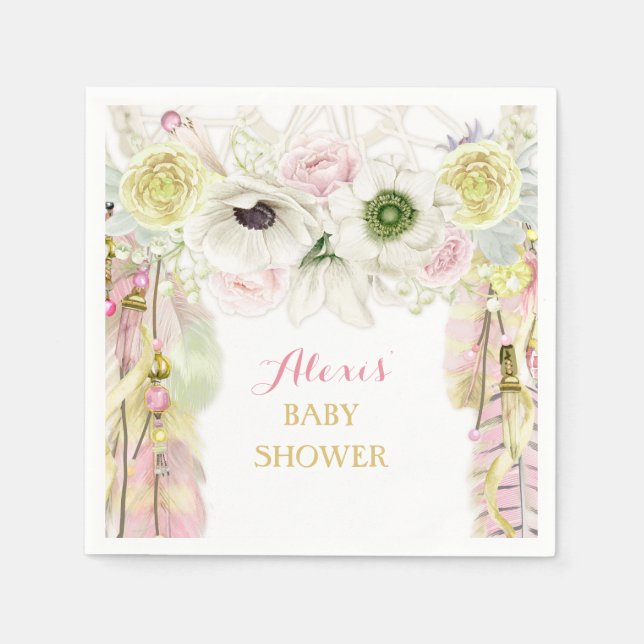 Boho Dream Catcher Feathers Pink Yellow Napkins (Front)