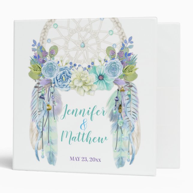 Boho Dream Catcher Feathers Turquoise Blue Binder (Front/Inside)