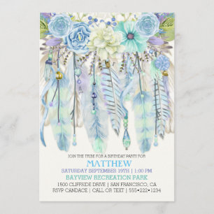 Boho Dream Catcher Feathers Turquoise Blue Invitation