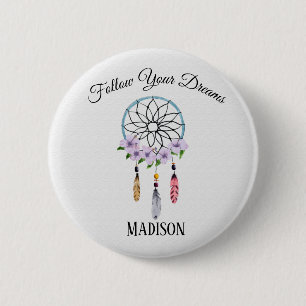 Boho Dream Catcher Floral Flower Feathers Tribal Pinback Button