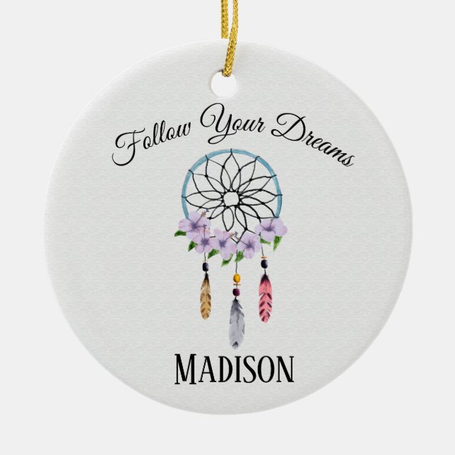 Boho Dream Catcher Floral Flower Personalized Name Ceramic Ornament (Front)