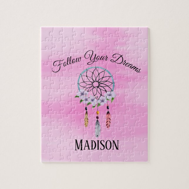 Boho Dream Catcher Floral Flower Personalized Name Jigsaw Puzzle (Vertical)