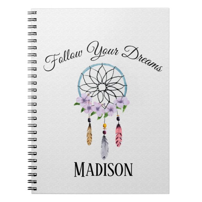 Boho Dream Catcher Floral Flower Personalized Name Notebook (Front)