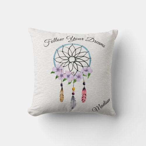 Boho Dream Catcher Floral Flower Personalized Name Throw Pillow