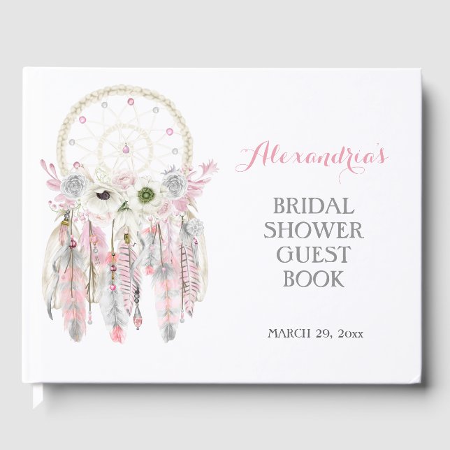 Boho Dream Catcher Pink Gray Feathers Arrows Guest Book (Front)