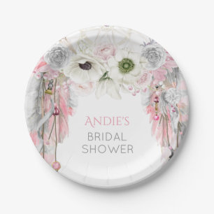 Boho Dream Catcher Pink Gray Feathers Crystals Paper Plates