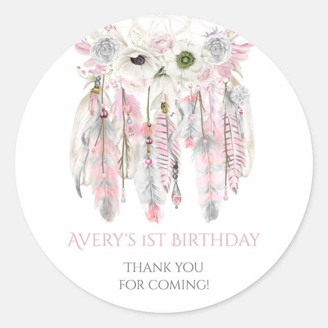 Boho Dream Catcher Pink Gray Ivory Feathers Classic Round Sticker (Front)