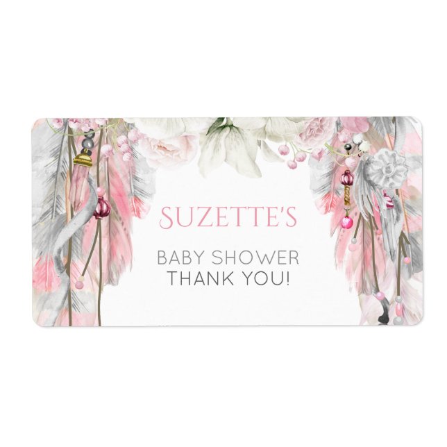 Boho Dream Catcher Pink Gray Ivory Floral Feathers Label (Front)