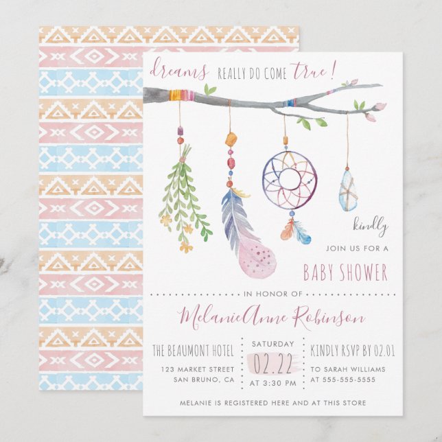 Boho Dream Catcher & Tribal Feathers Baby Shower Invitation (Front/Back)