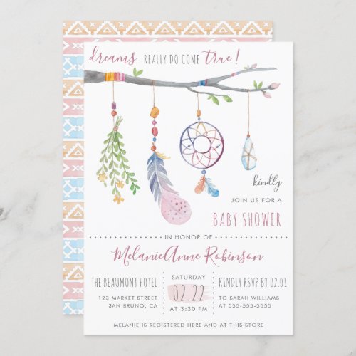 Boho Dream Catcher & Tribal Feathers Baby Shower Invitation - Create your own "Boho Dream Catcher & Tribal Feathers Baby Shower" invitations using these templates by Eugene Designs. These adorable, boho baby shower invites have a "dreams really do come true" text at the top, a watercolor branch with wild flowers, leaves, chic tribal feathers, a bohemian dream catcher and a crystal gem hanging from it. Underneath there is a modern script and typography template for your baby shower details. On the reverse of these cute, girly baby shower invitations there is a tribal pattern in watercolors to match the front. Wishing you a very special day!