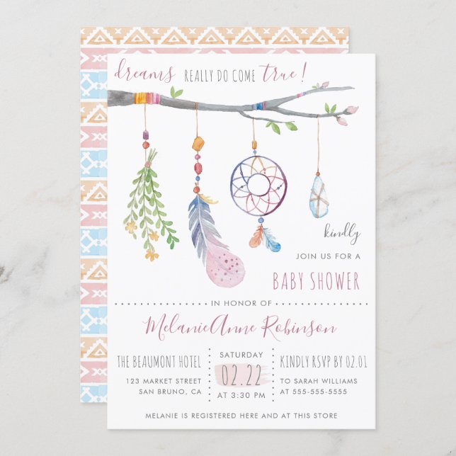 Boho Dream Catcher & Tribal Feathers Baby Shower Invitation (Front/Back)