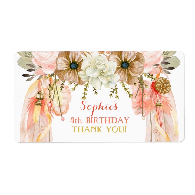 Boho Dream Catcher Water Bottle Gift Thank You Label (Front)