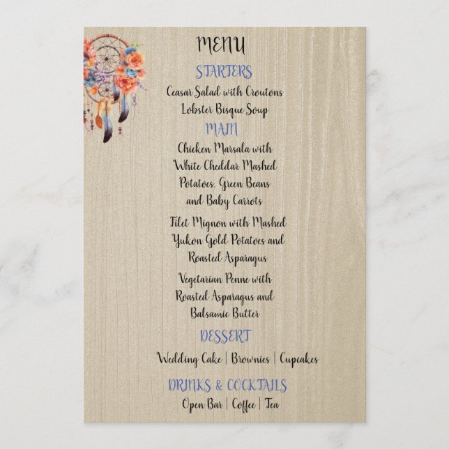 Boho Dream Catcher Wedding Reception 5X7 Menu (Front)