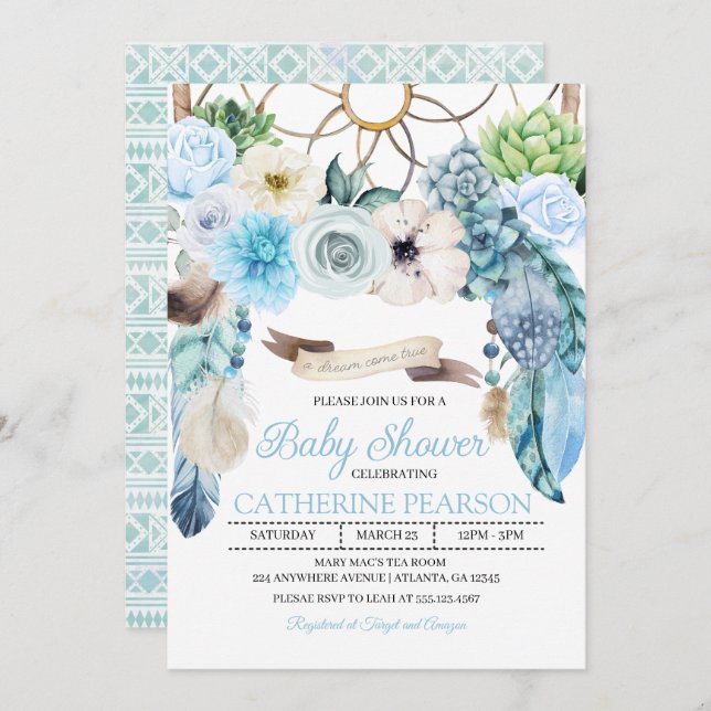 Boho Dreamcatcher Blue Baby Shower Invitation (Front/Back)