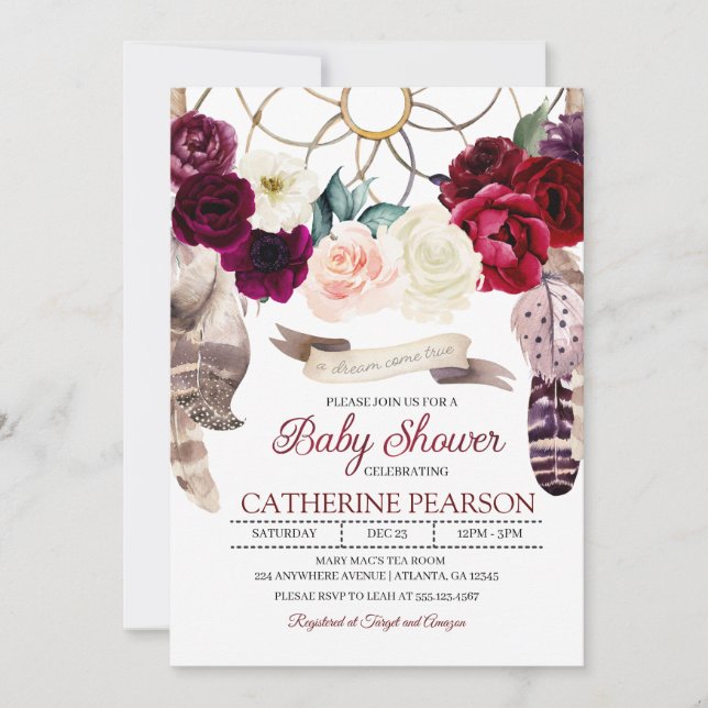 Boho Dreamcatcher Burgundy Baby Shower Invitation (Front)