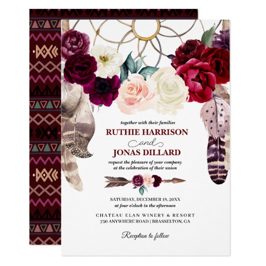 Boho Dreamcatcher Burgundy Wedding Invitation