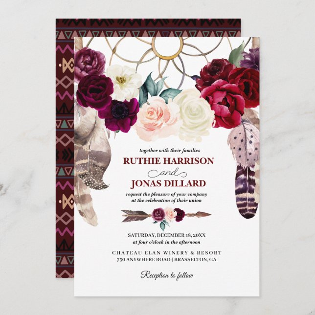 Boho Dreamcatcher Burgundy Wedding Invitation (Front/Back)
