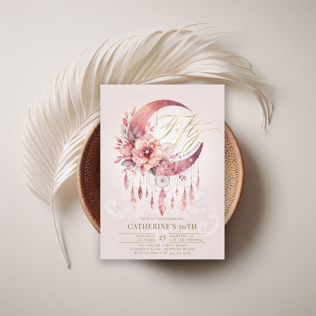 Boho Dreamcatcher Crystals Floral 50th Birthday                    Invitation