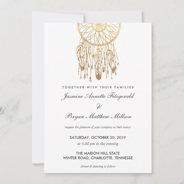 Boho Dreamcatcher Faux Gold Foil Tribal Wedding Invitation (Front)