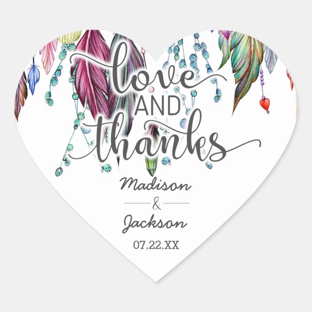 Boho Dreamcatcher & Feathers Love & Thanks Favor Heart Sticker (Front)