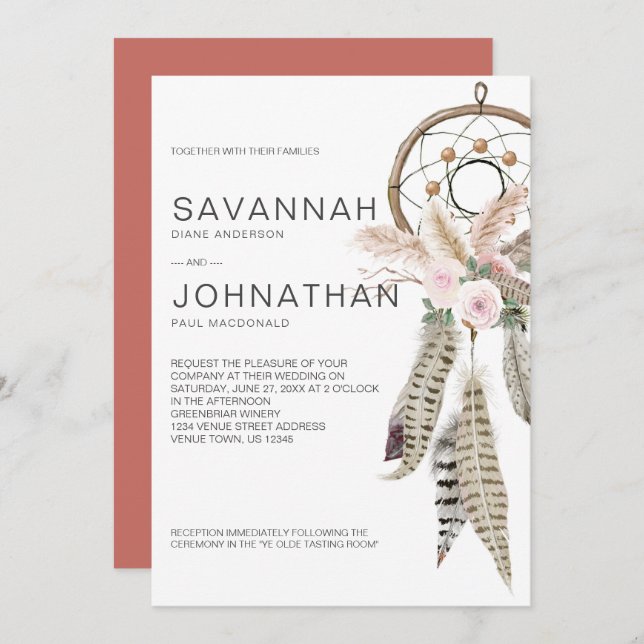 Boho Dreamcatcher Feathers Pampas Tropical Floral Invitation (Front/Back)