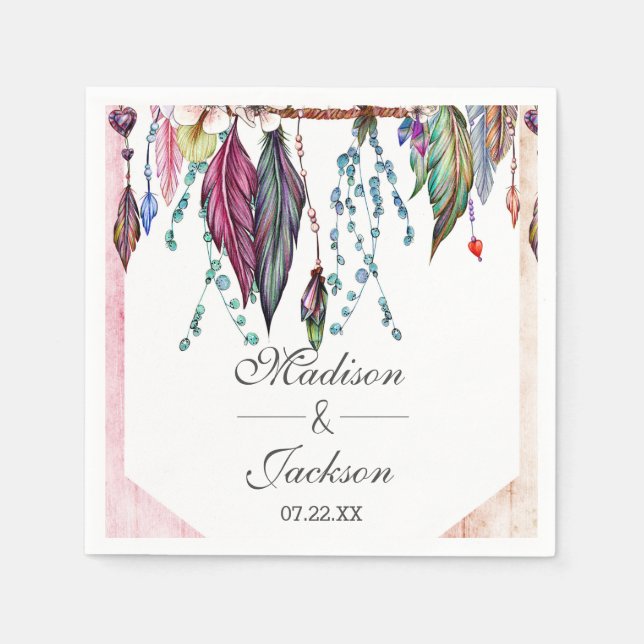 Boho Dreamcatcher & Feathers Pink Monogram Wedding Paper Napkins (Front)