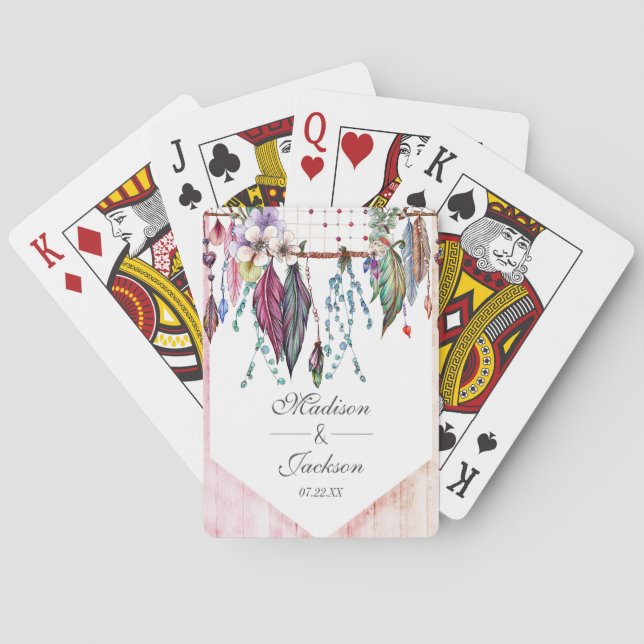 Boho Dreamcatcher & Feathers Pink Wedding Favor Poker Cards (Back)