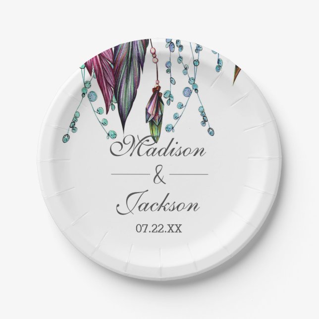 Boho Dreamcatcher & Feathers Pink Wedding Monogram Paper Plates (Front)