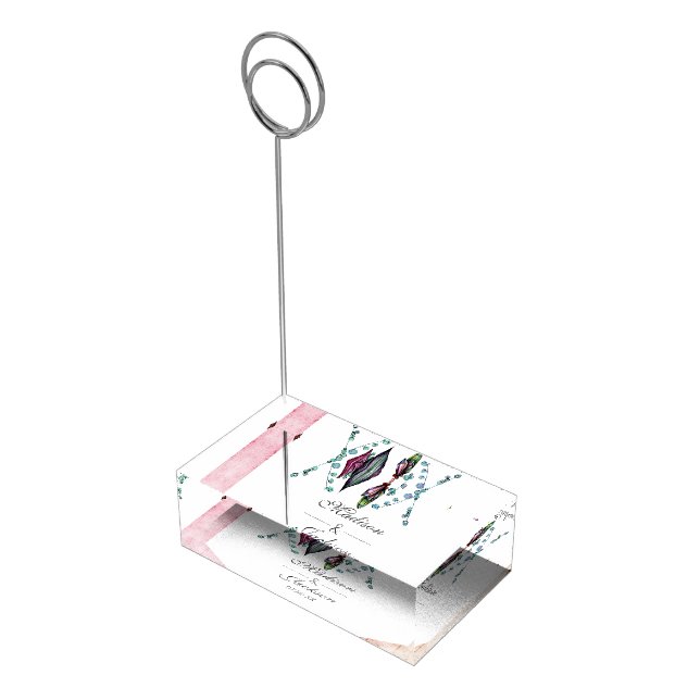 Boho Dreamcatcher & Feathers Pink Wedding Monogram Place Card Holder (Corner)