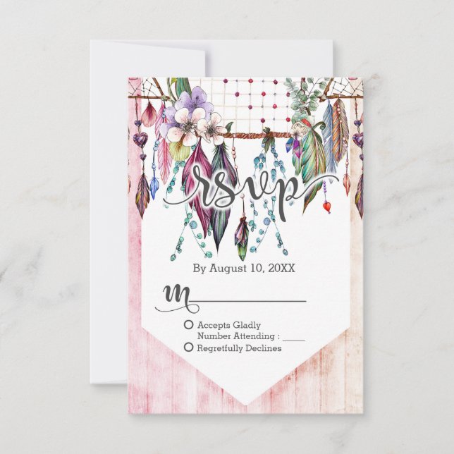 Boho Dreamcatcher & Feathers Pink Wedding RSVP Card (Front)