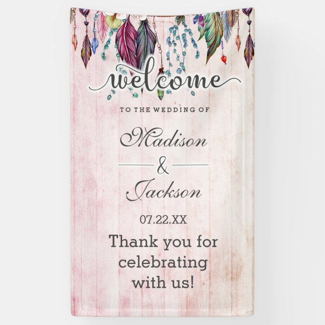Boho Dreamcatcher & Feathers Pink Wedding Welcome Banner (Vertical)