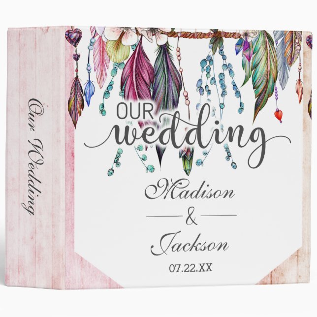 Boho Dreamcatcher & Feathers Wedding Photo Album 3 Ring Binder (Front/Spine)