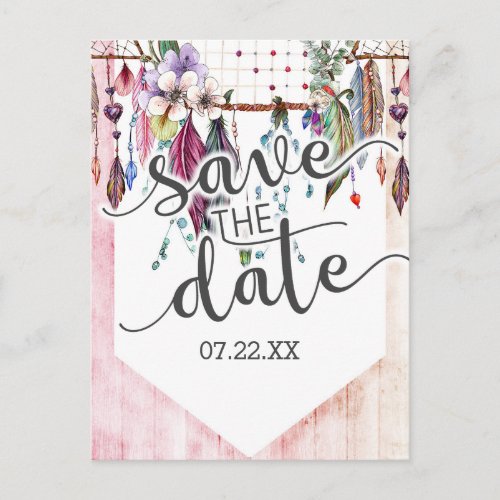 Boho Dreamcatcher  Feathers Wedding Save the Date Announcement Postcard