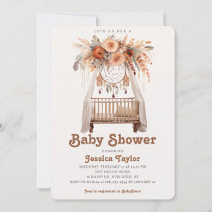 Boho Dreamcatcher Floral Girl Crib Baby Shower Invitation