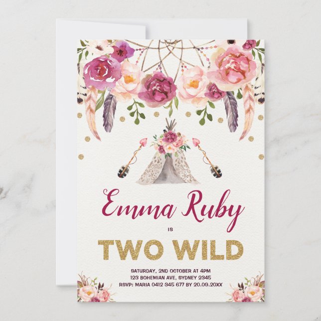 Boho Dreamcatcher Floral TWO WILD Birthday Tipi Invitation (Front)
