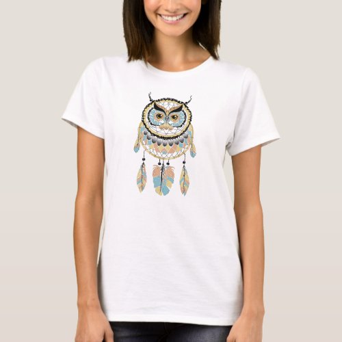 Boho Dreamcatcher Owl and Feathers T_Shirt