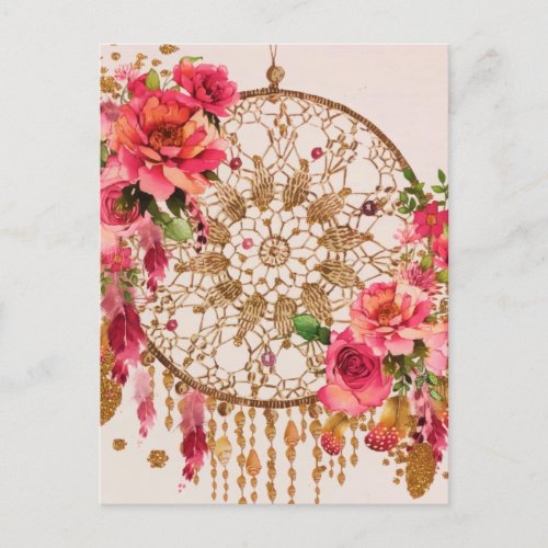 Boho Dreamcatcher Pink Gold Floral Watercolor Announcement Postcard