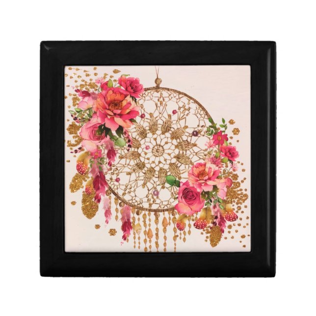 Boho Dreamcatcher Pink Gold Floral Watercolor Gift Box (Front)