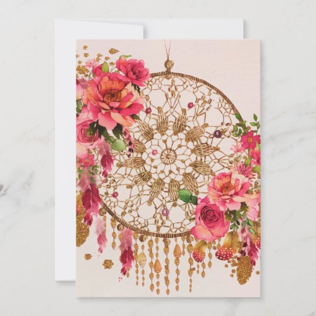 Boho Dreamcatcher Pink Gold Floral Watercolor Holiday Card (Front)