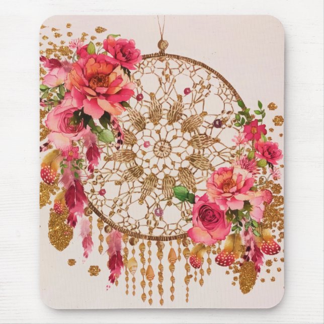 Boho Dreamcatcher Pink Gold Floral Watercolor Mouse Pad (Front)