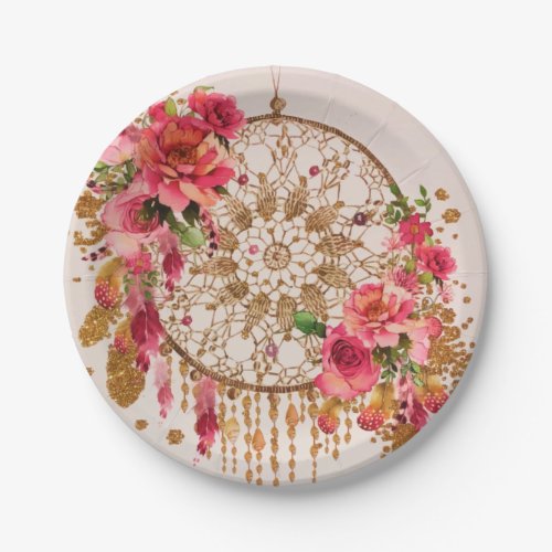 Boho Dreamcatcher Pink Gold Floral Watercolor Paper Plates
