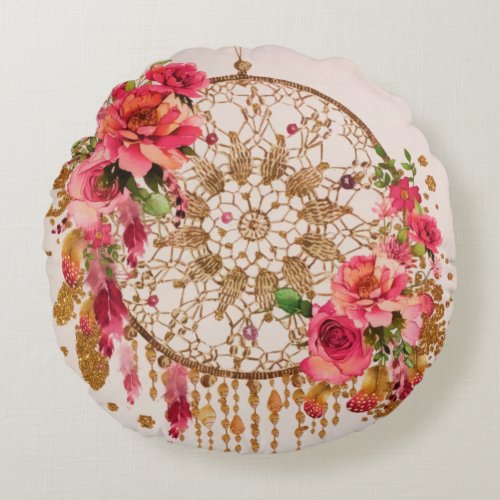 Boho Dreamcatcher Pink Gold Floral Watercolor Round Pillow