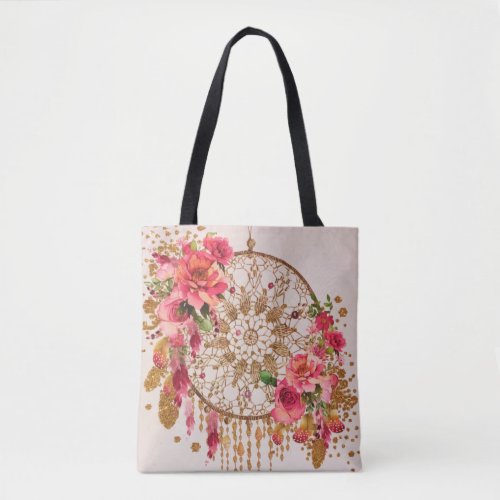 Boho Dreamcatcher Pink Gold Floral Watercolor Tote Bag